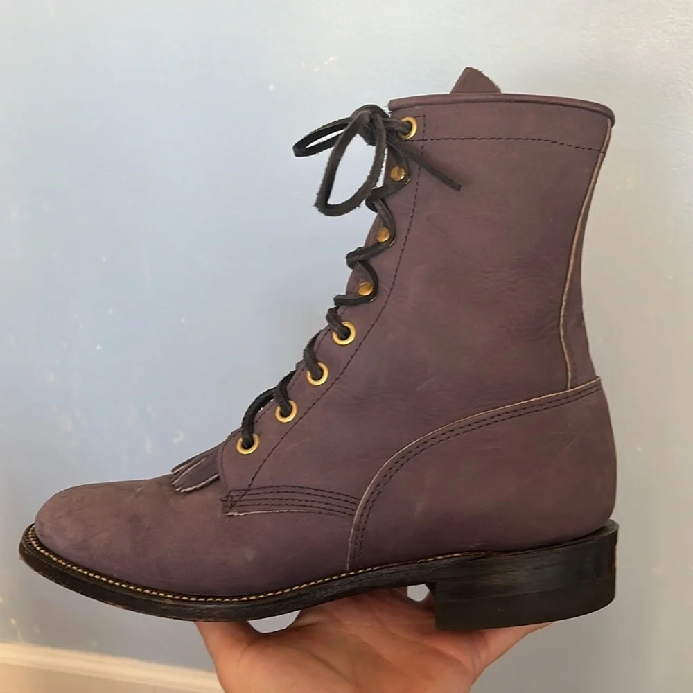 Justin Boots Purple Soft Suede Leather Lace Up Combat Moto Boots With Box - Picture 11 of 15